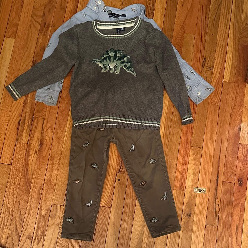 Janie and Jack Dinosaur Sweater, L/S Button Up, and Pant Set